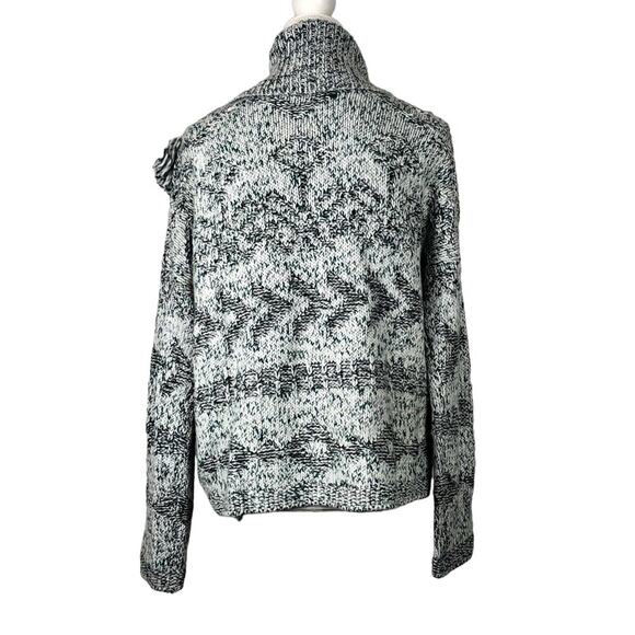 Lucky Brand Sweater Women's Medium Green Black White Cowl Neck Aztec Fringe Wool - Picture 3 of 8